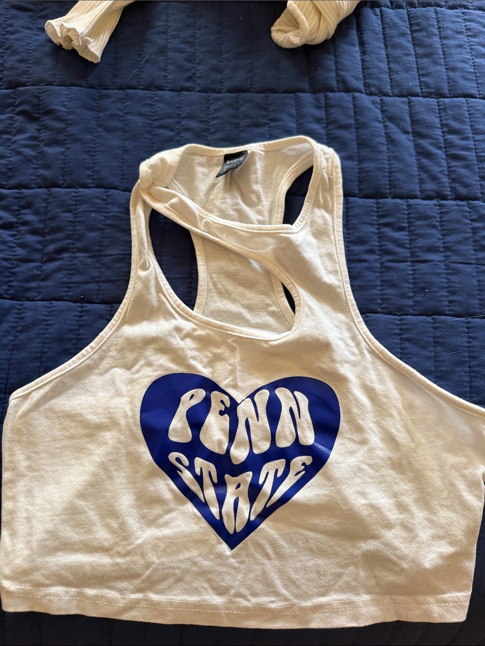 SHEIN Cream Racerback Crop Top with Blue Heart Graphic